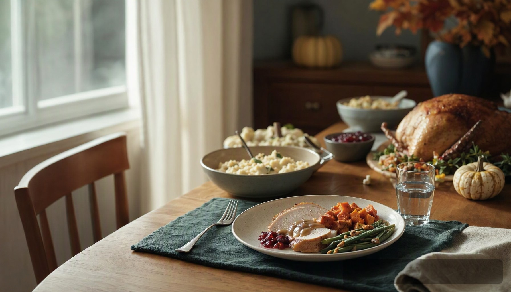 A Canadian Thanksgiving table set with smaller portions, reflecting GLP-1 medication dietary adjustments